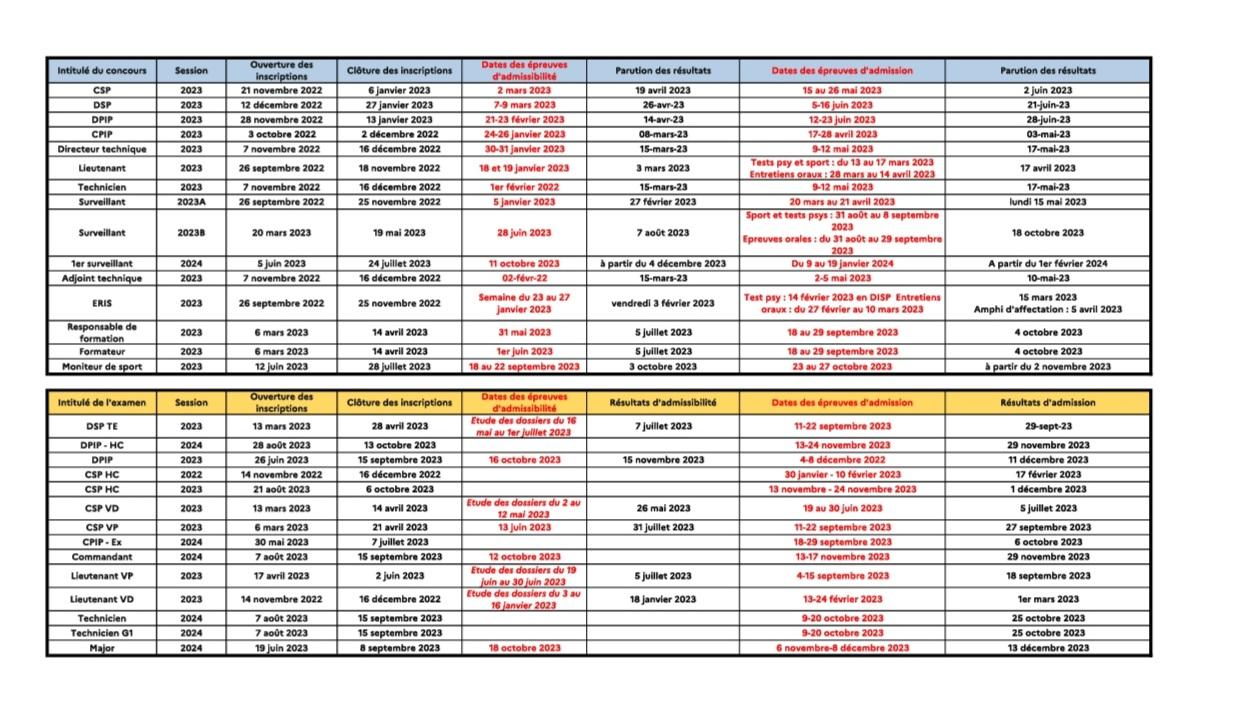 Calendrier des concours et examens dap 2023