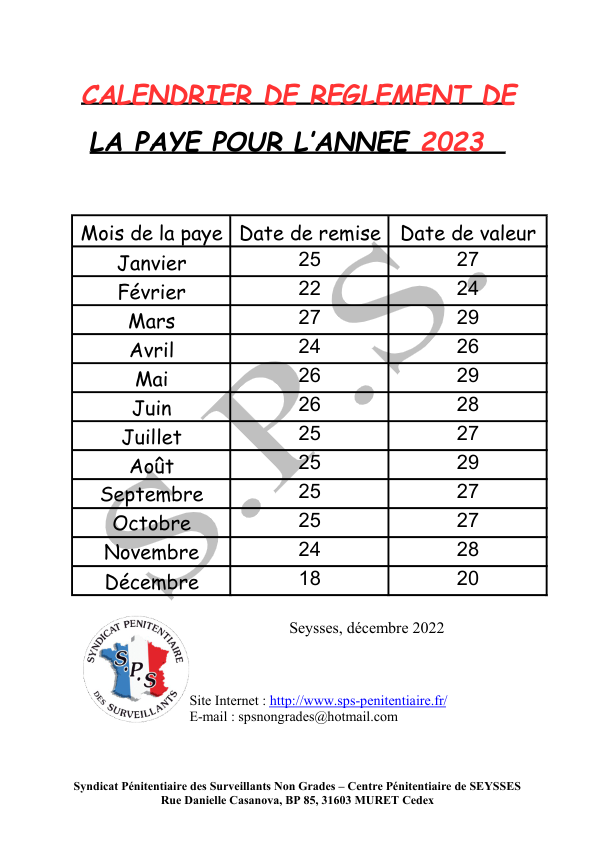 Calendrier paye 2023